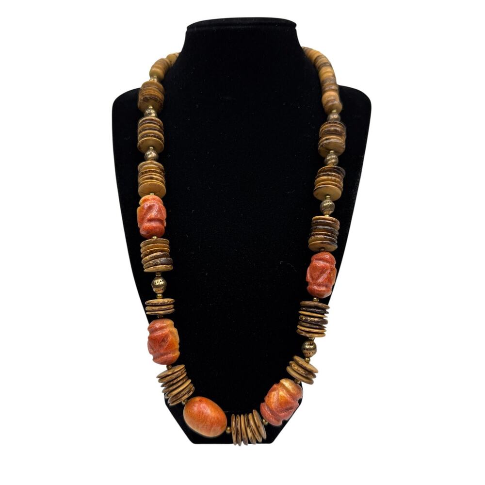 Boho Chic Wood Carved Orange Bead Necklace Statement Fashion Jewelry 23 in
